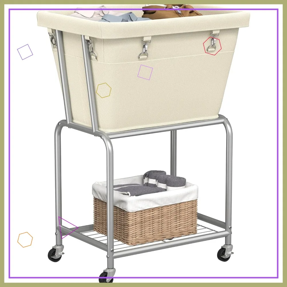 

Тележка для белья на колесиках, съемная сумка и полка, емкость 72 л, металлический каркас, 4 ролика с тормозами для домашнего использования
