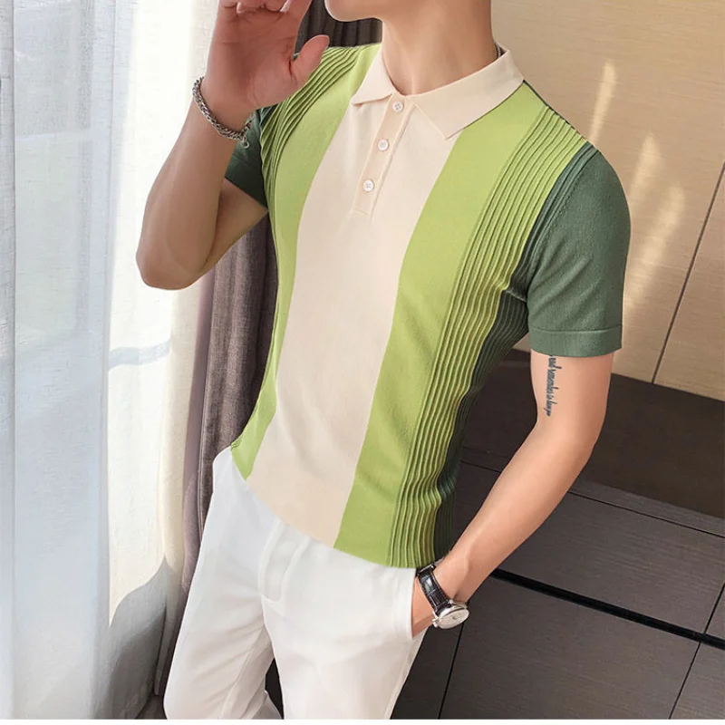 Slim Contrasting Colors Striped Korean Version Short Sleeve Lapel Simplicity All-match Handsome Trend Men\'s Clothing POLO Shirts