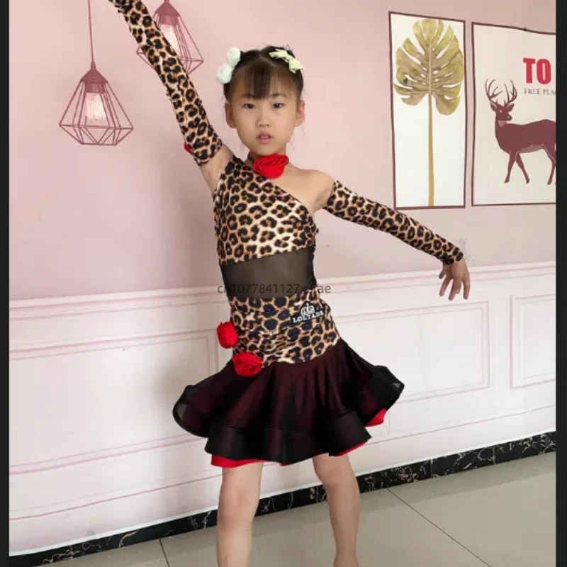 Новое платье для латинских танцев, комплект с леопардовым узором для девочек, детская юбка для соревнований по латинским танцам, детское платье для выступлений