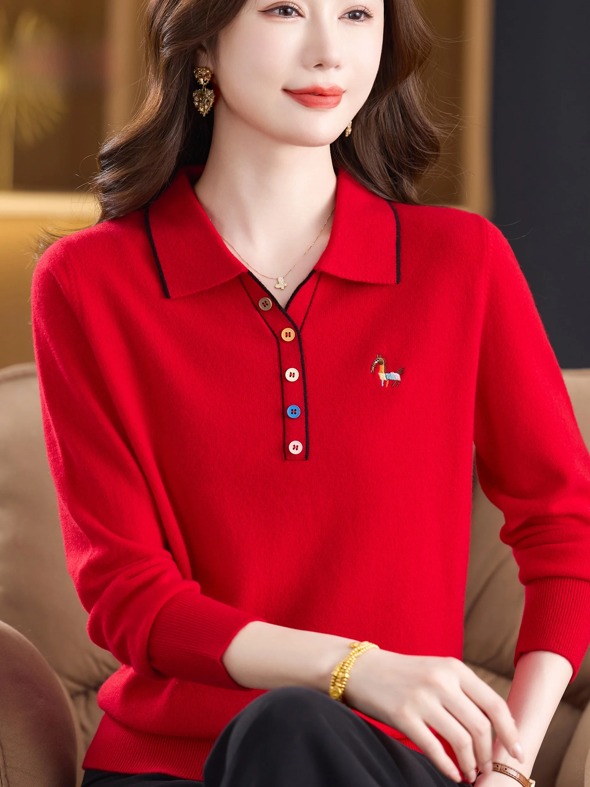 

Red Pure Wool Knitted irt for Women Collared Embroidered Faionable Base Layer Top ape Loose Fit Button Detail
