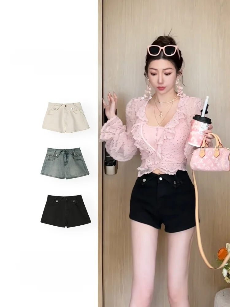 

Модные универсальные джинсовые шорты с высокой талией и прямыми штанинами из хлопка, летняя коллекция, скидка, для женщин