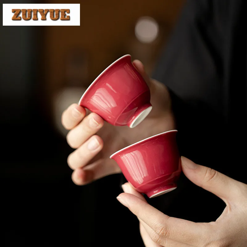 2pc/set Handmade Carmine Red Ceramic Tea Cup Solid Color Thin Tire Master Cup Meditation Cup Wine Glass Kung Fu Teaset Drinkware