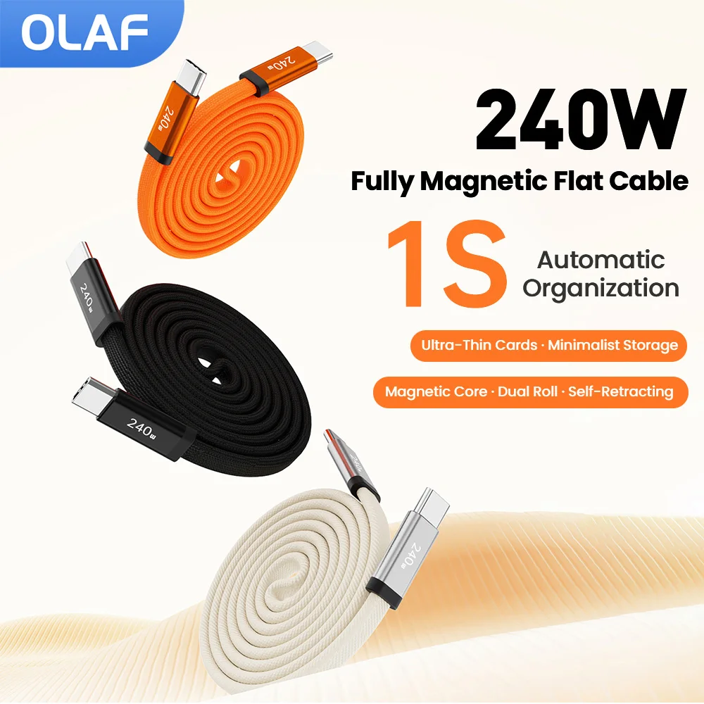 Olaf 240W Magnetic Type C Cable Fast Charging USB C To Type C Braided Data Cable For Iphone 17 16 15 Tablet Laptop Huawei Xiaomi
