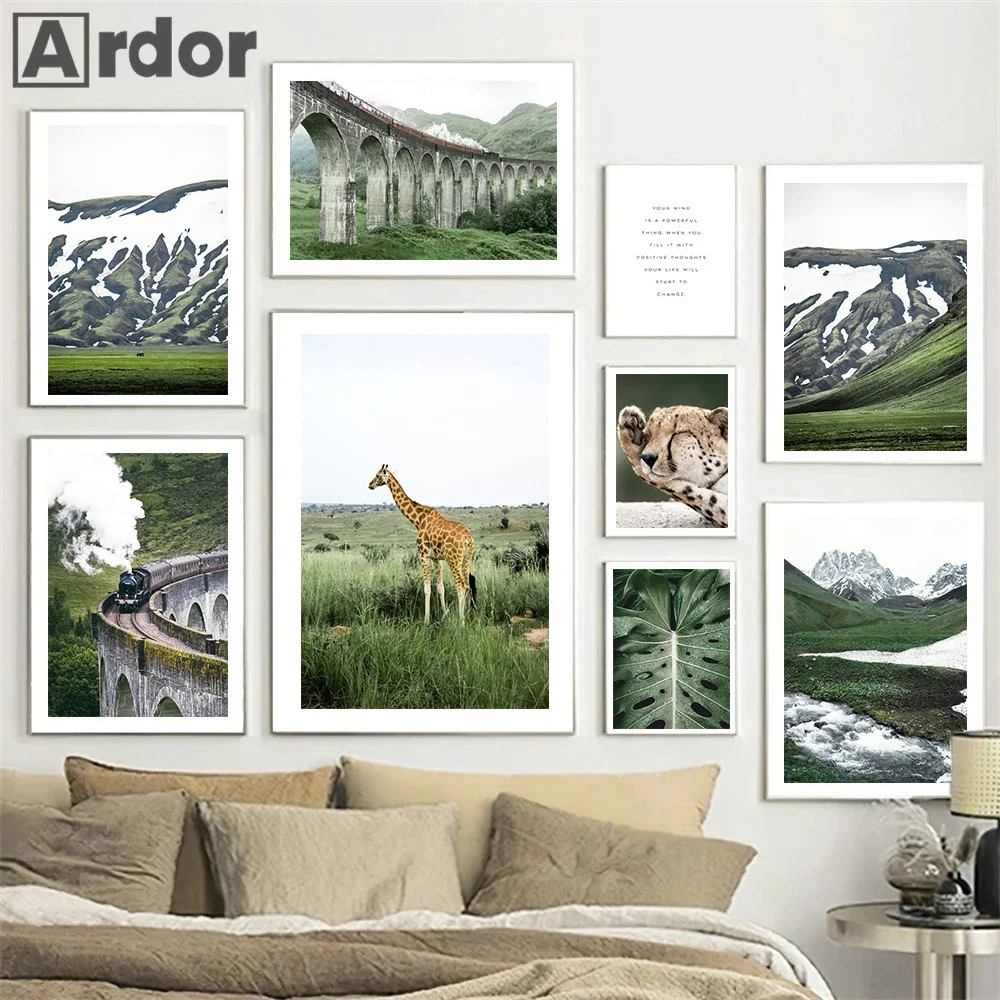 

Green Leaves Mountain White Flower Deer Landscape Summer Scenery Poster Canvas Painting Wall Art Print Picture Living Room Decor