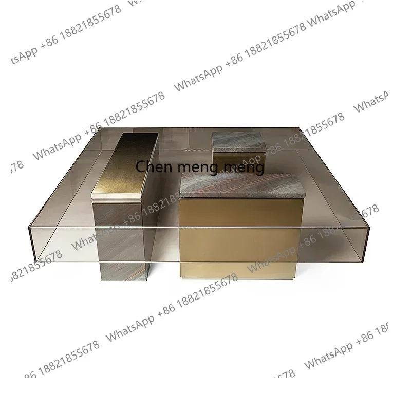 

X Italian Minimalist Designer Coffee Table Tempered Glass Square Pier Table Living Room Stainless Steel Tea TableA