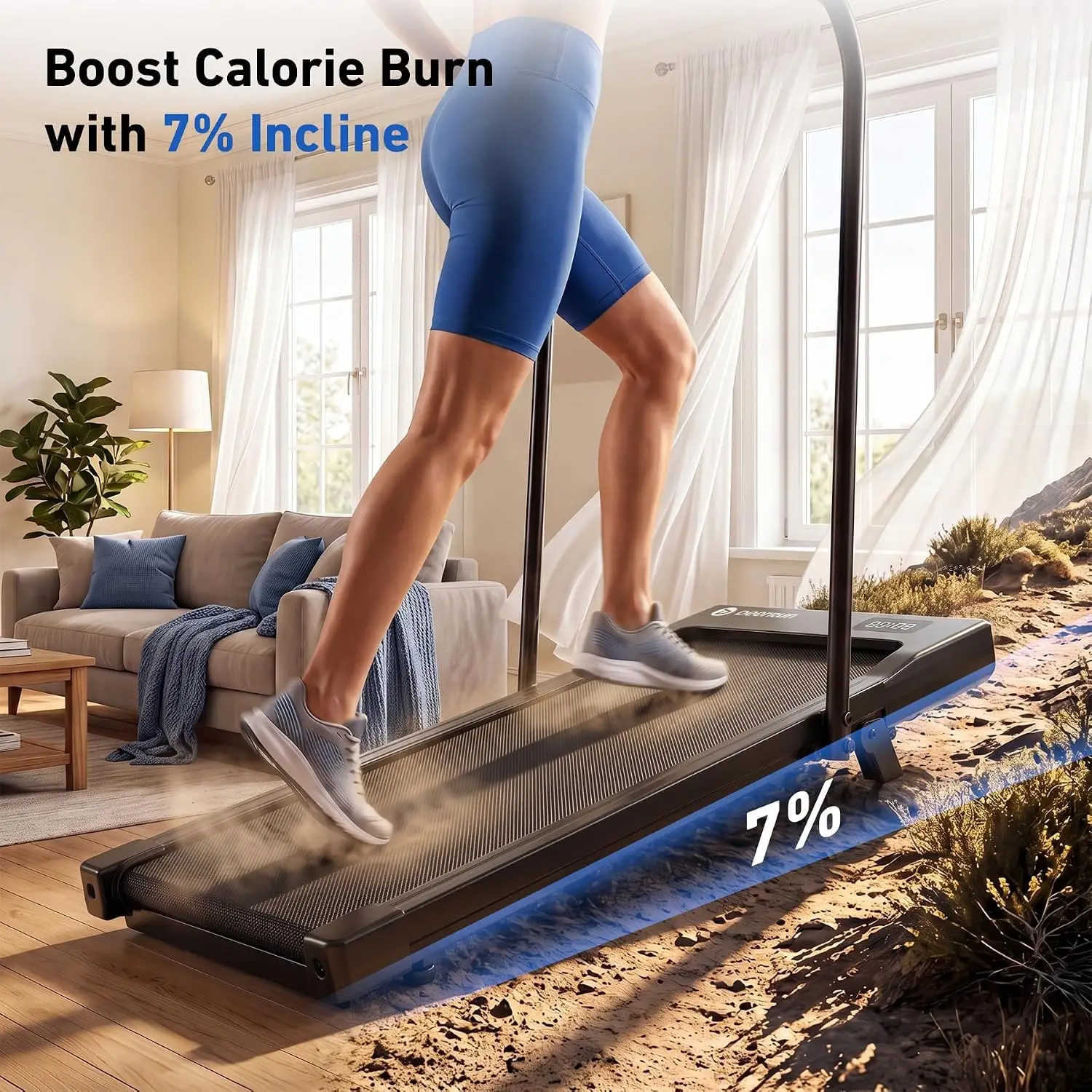 Treadmill Walking Pad Featuring Built-In Incline and Handle Bar