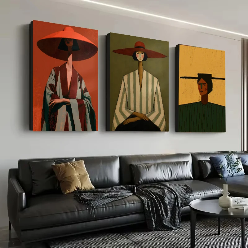 Abstract Minimalist Woman Portrait Canvas Painting Art Seated  Striped Woman  with Hat Poster for Living Room Home Decor