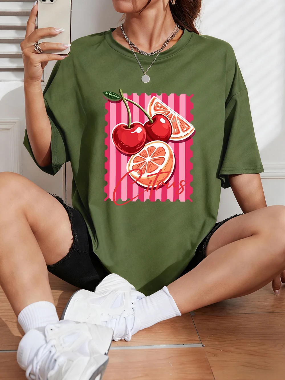 Rote Kirsch-Zitrus-Bedruckte T-Shirts aus Baumwolle für Damen, Sommerliche Oversize-Oberteile, Basic O-Neck Kurzarm-T-Shirts, Lässige Weiche Kleidung – Detail 26