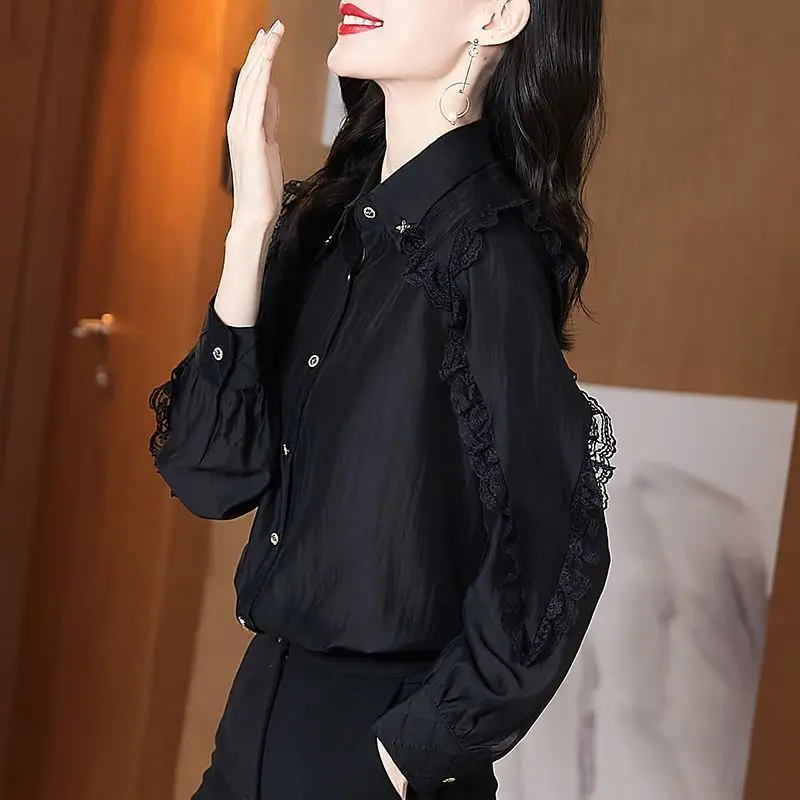 Women\'s Clothing Lace Patchwork Elegant Button Up Shirt Korean Fashion Black Long Sleeve Loose Blouse Casual Office Lady Blusas