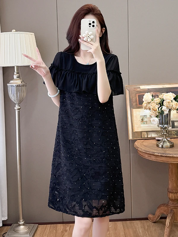 Vestido Midi Moderno con Diseño de Corte Entallado, Casual, de Fibra de Poliéster, Manga Corta, Corte en A, para Uso Diario, Marca Outlet, Nuevo de Verano