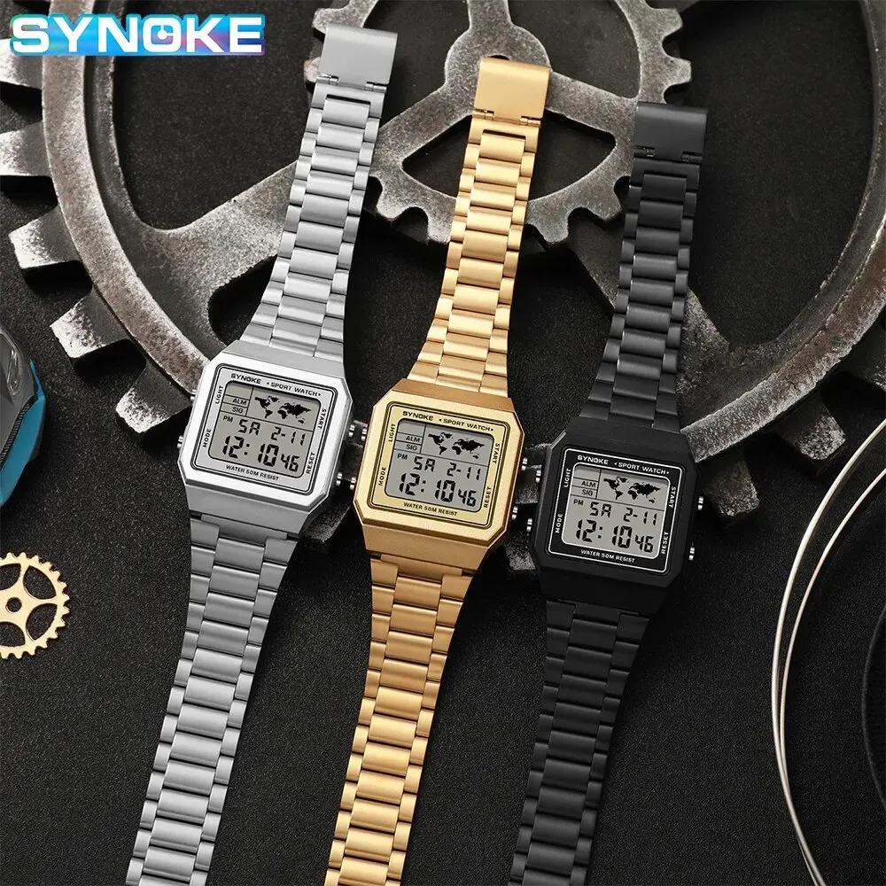 SYNOKE Top Brand Luxury Stainless Steel Chrono Sport Watches Men Back Light Display Digital Wristwatch 5Bar Waterproof Reloj Hom