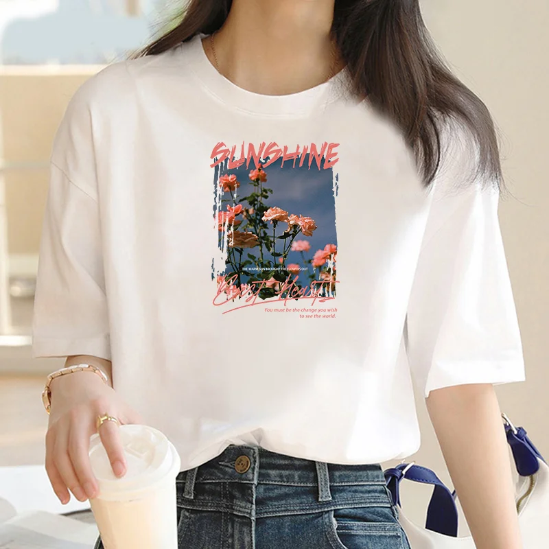 Vintage Floral Print Women T-shirt Summer Street Y2Ko collar Creative T-shirt Fashion Breathable top Casual sports T-shirt