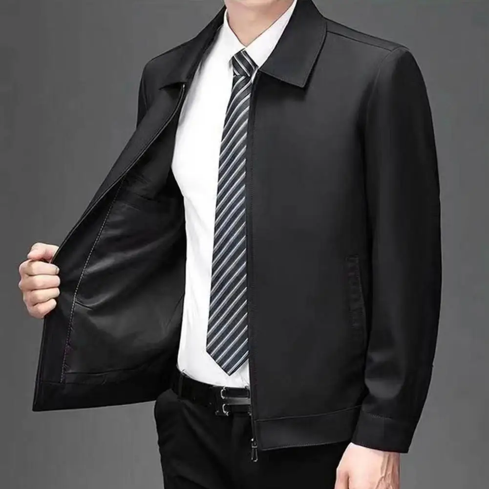 

Men Fall Spring Coat Turn-down Collar Smooth Zipper Closure Cardigan Jacket Long Sleeve Smooth Thin Loose Mid-aged Father Jacket