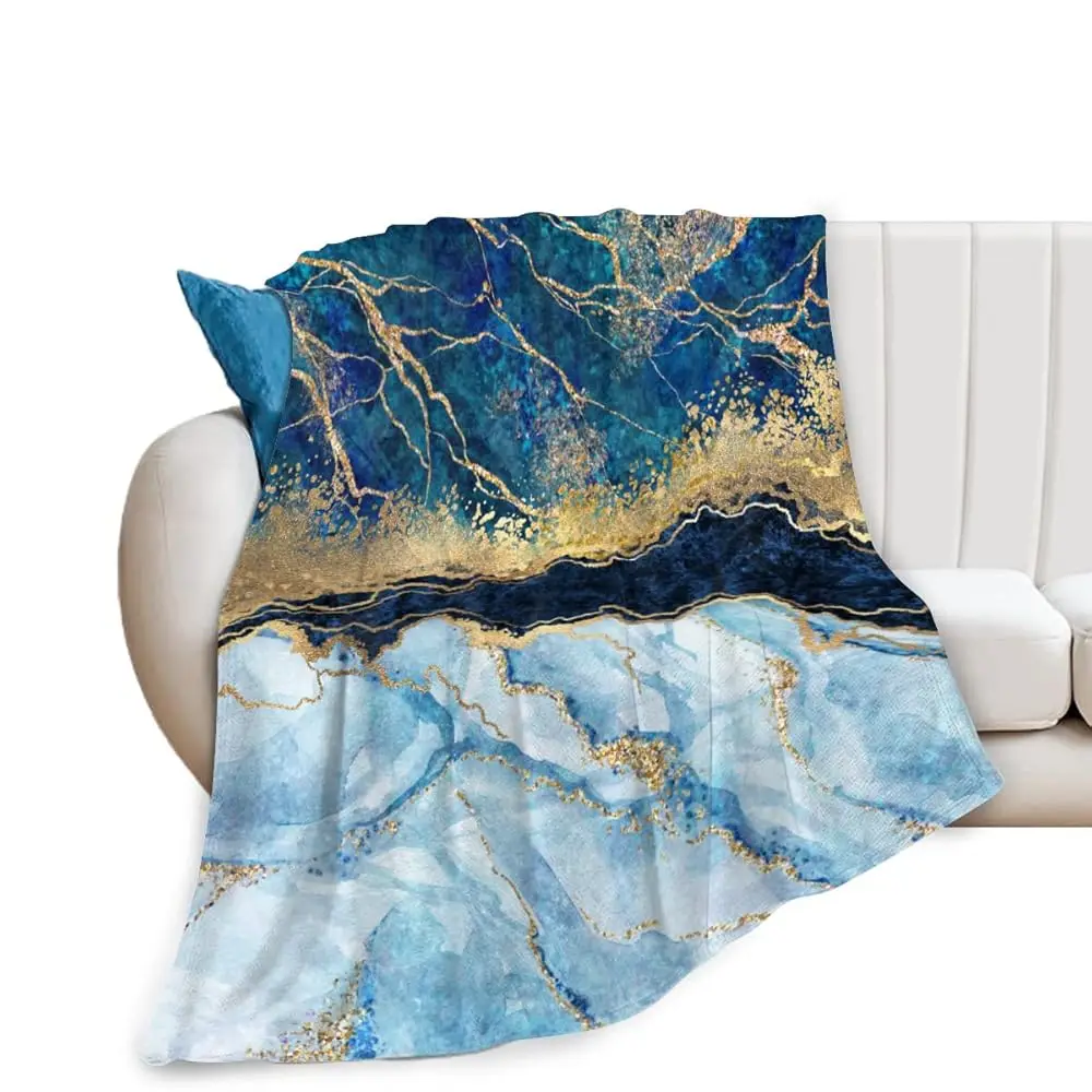 

Marble Flannel Fleece Blanket, Abstract Blue Marble Fake Stone Liquid Gold Foil Bedroom Ultra-Soft Microfiber Throw Blanket For