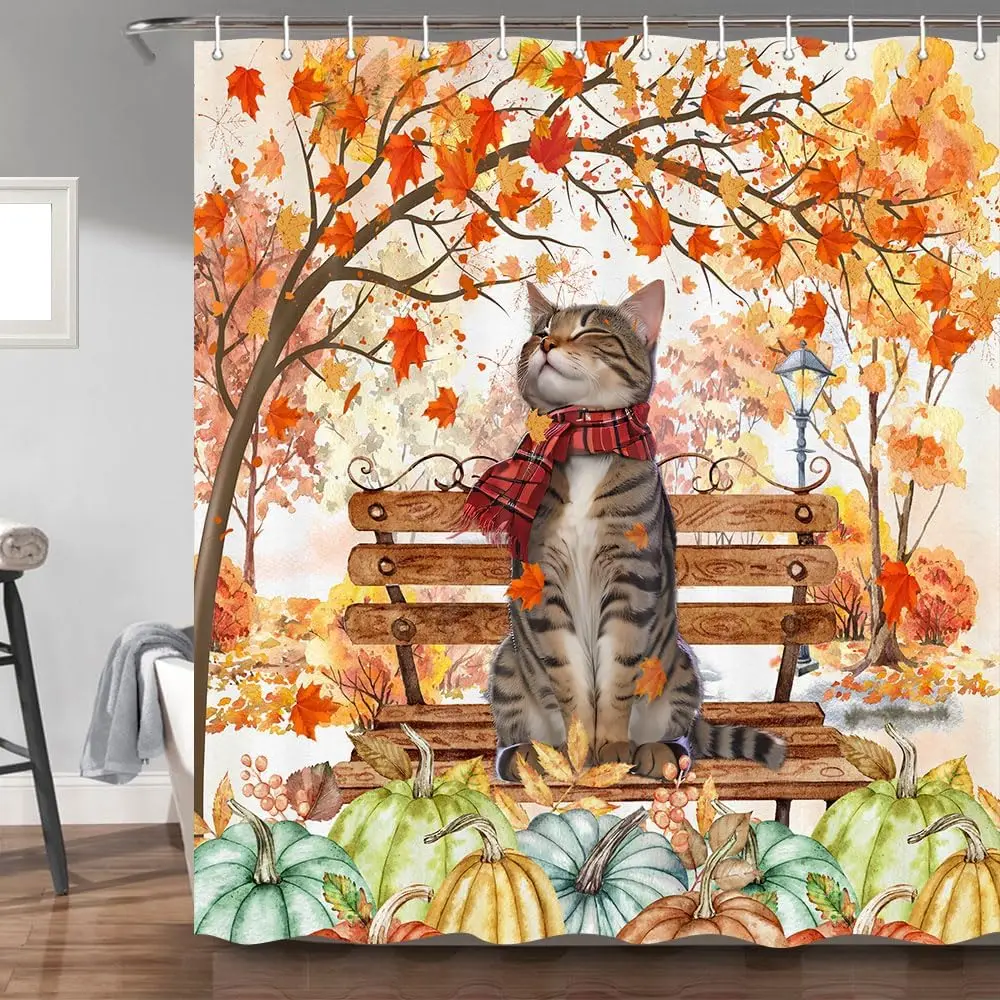 

Осенняя занавеска для душа с изображением кота для ванной комнаты, осенние тыквы, кленовые листья, забавные занавески для ванной на День Благодарения, тканевая занавеска в стиле кантри-лес