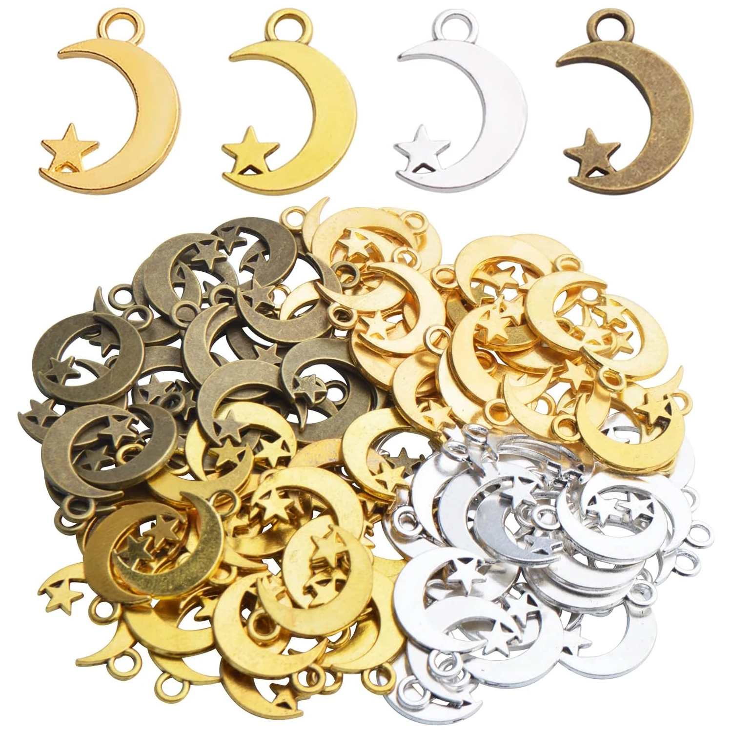 

100pcs Alloy Moon Star Charm Pendants Celestial Beads Charms for DIY Earrings Necklace Bracelet Jewelry Crafts Making,4 Colors