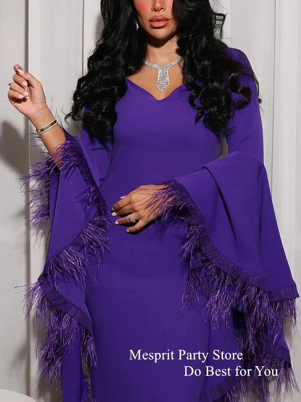 Mesprit Lavender Feathers Evening Dresses High Quality Batwing Sleeves V Neck Ankle Length Mermaid Prom Gown فساتين سهرات