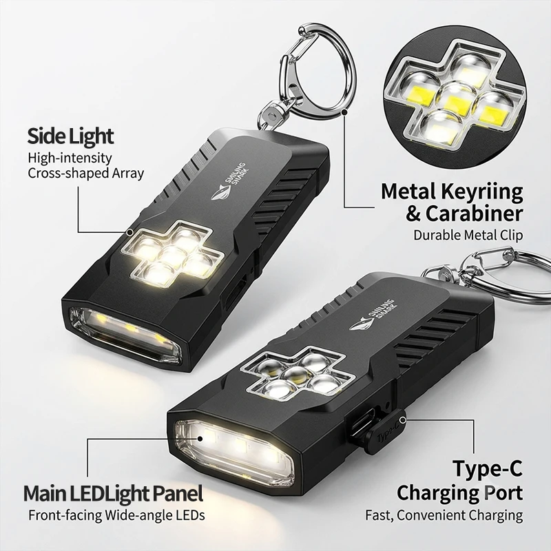 SMILING SHARK Mini Flashlight key chain Light Rechargeable 5Mode Red Blue Warning Light Outdoor Waterproof Emergency TIP186