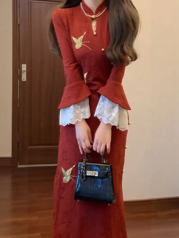 

Весенняя модная красная приталенная длинная блузка-ципао в стиле ретро для деловых встреч и повседневной носки, подходит для всех сезонов