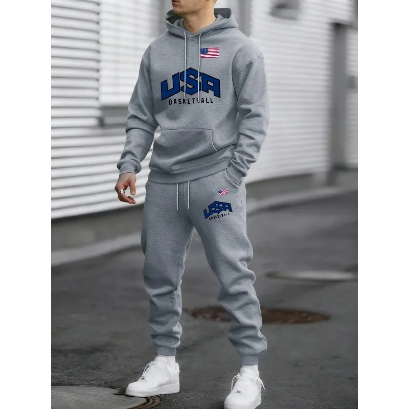 

American printed pullover men's autumn loose retro casual set fleece warm pants and neutral basic style clothing