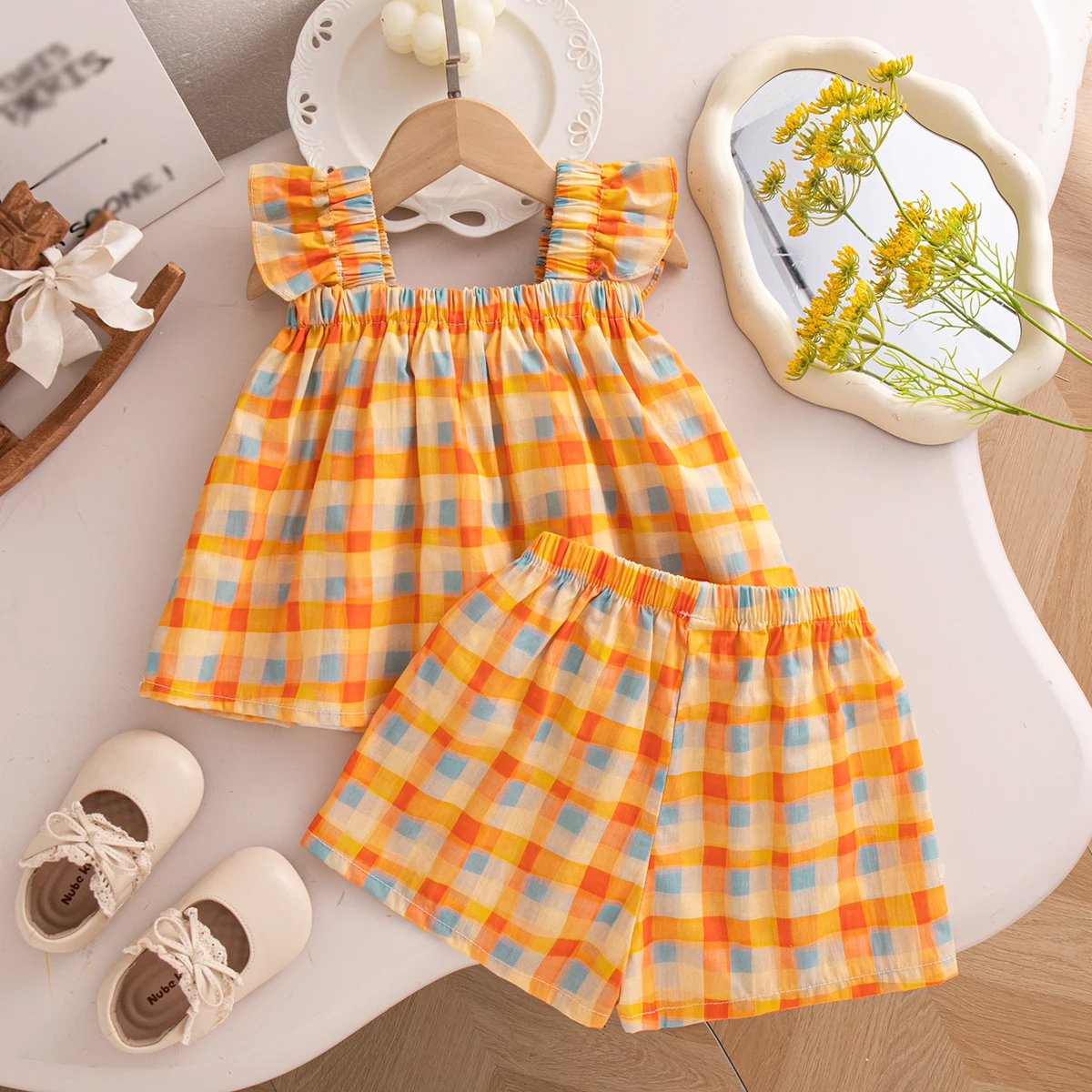 Korean Style Toddler Holiday Sets Summer Comfortable Cotton Orange Bow Plaid Suspender Tops And Breathable Baby Girl Shorts