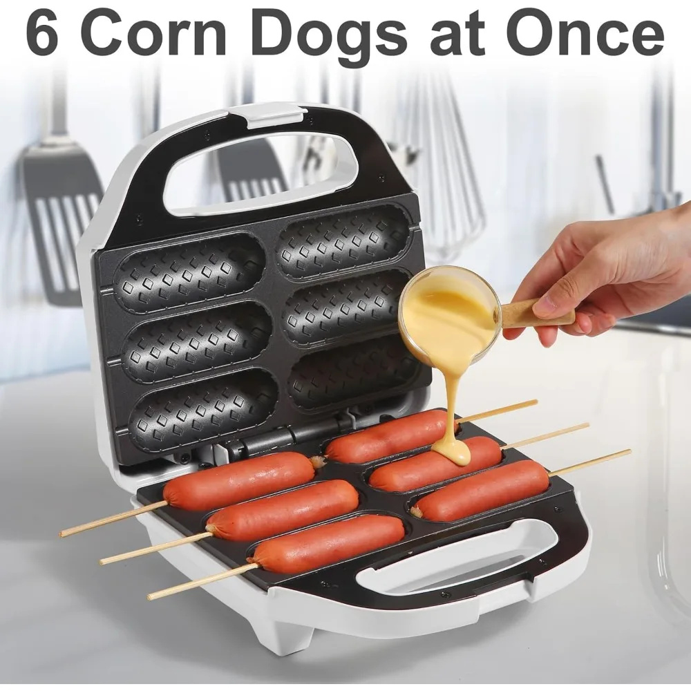 صانع وافل كلب الذرة، آلة الوافل مع لوحة طلاء غير لاصقة، محمصة خبز هوت دوج صنع 6 كلاب ذرة
