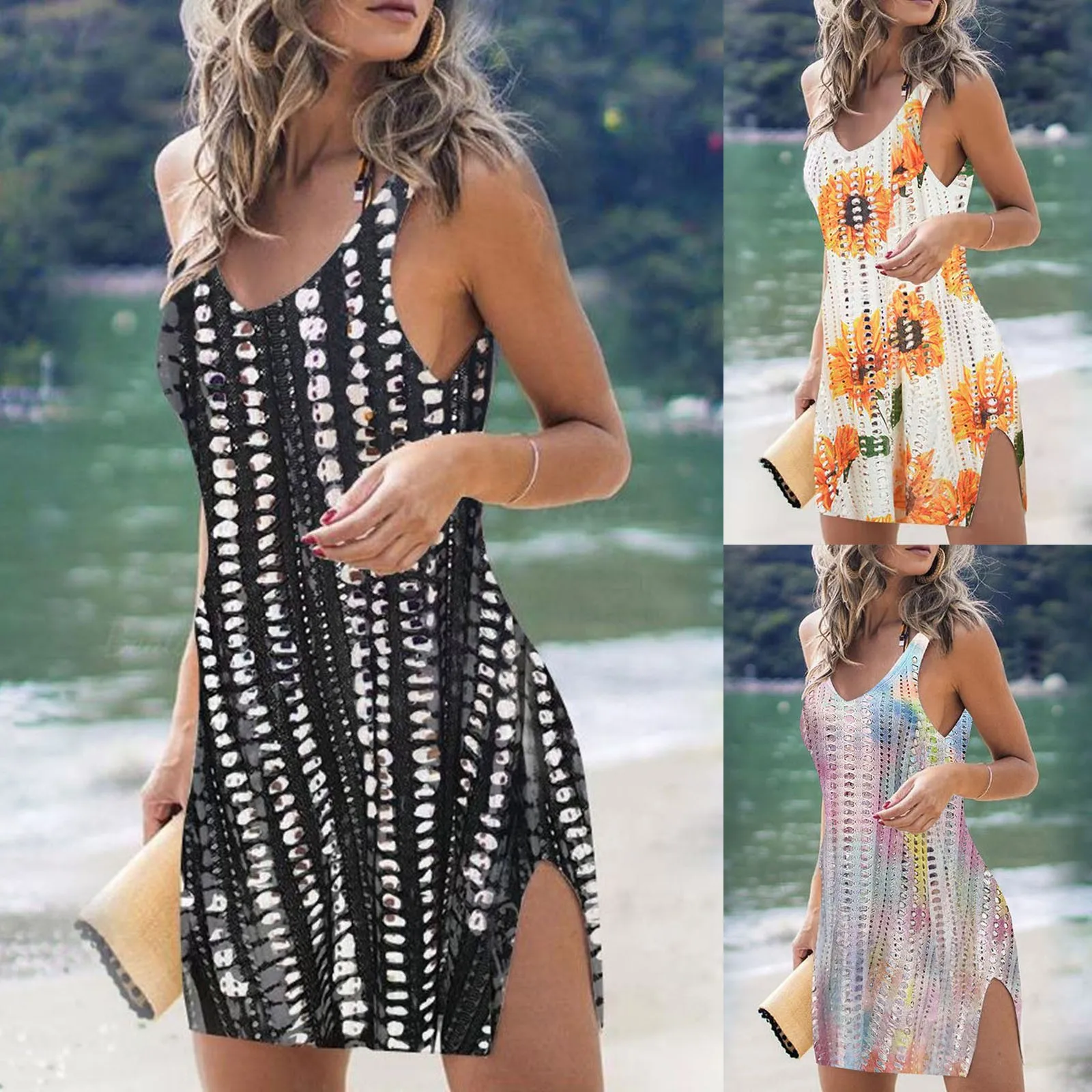 Swimwears Womens Dresses Sleeveless Beach Summer Cover Ups Hollow Out Sexy Knitted Dress Casual Loose Tassel Vestidos 2024