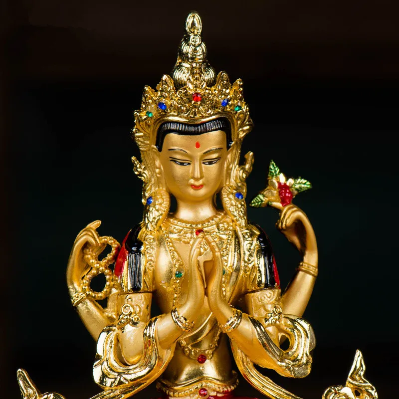 14.8cm Colored Gold Plated Buddhist Suppliers Avalokitesvara Bodhisattva Four-Arms Guanyin Tibetan Figure Statue