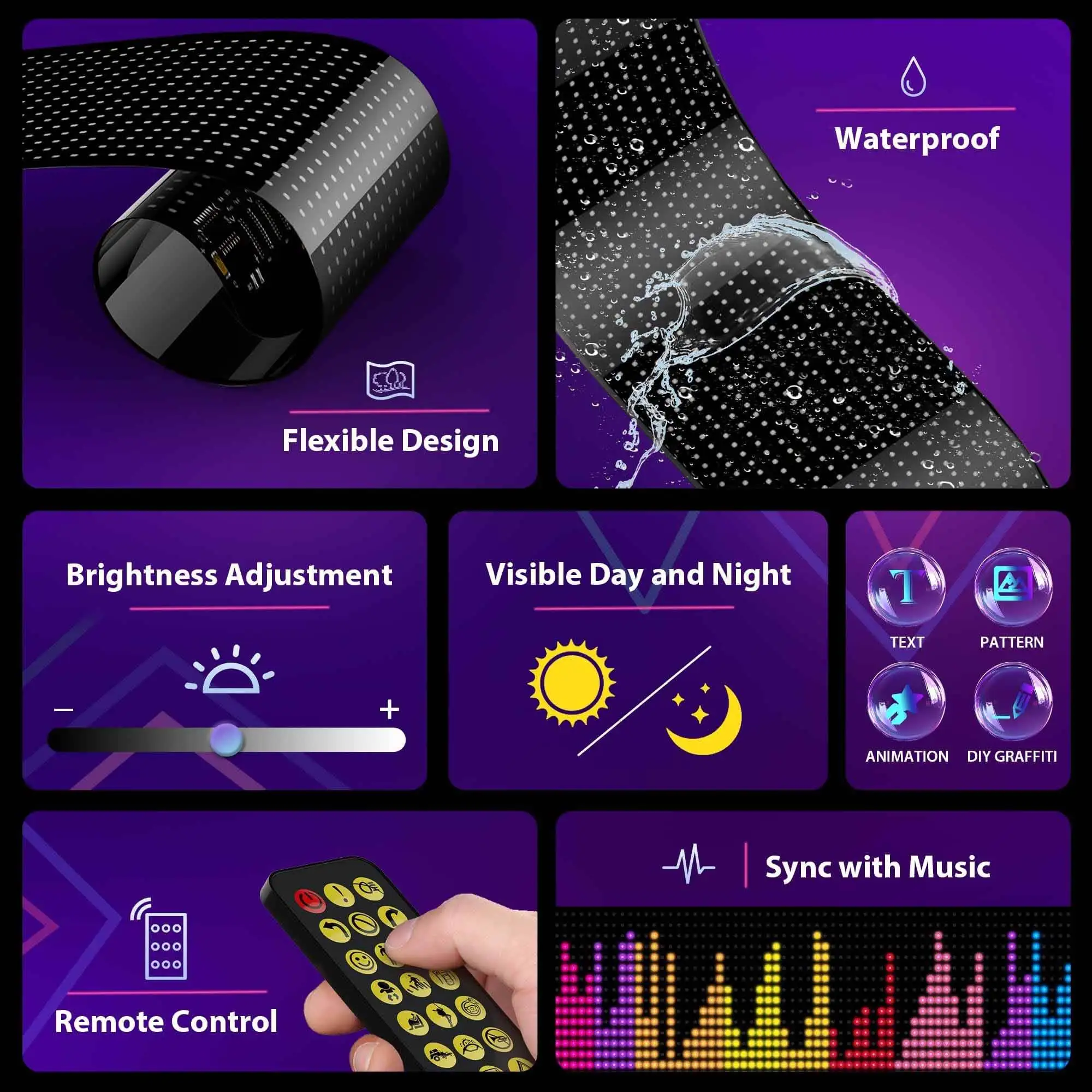 5V Flexible LED Screen Matrix Pixel Panel Smart Car APP Programmable DIY Eye Logo Advertising Dynamic  Text Display LED Panel