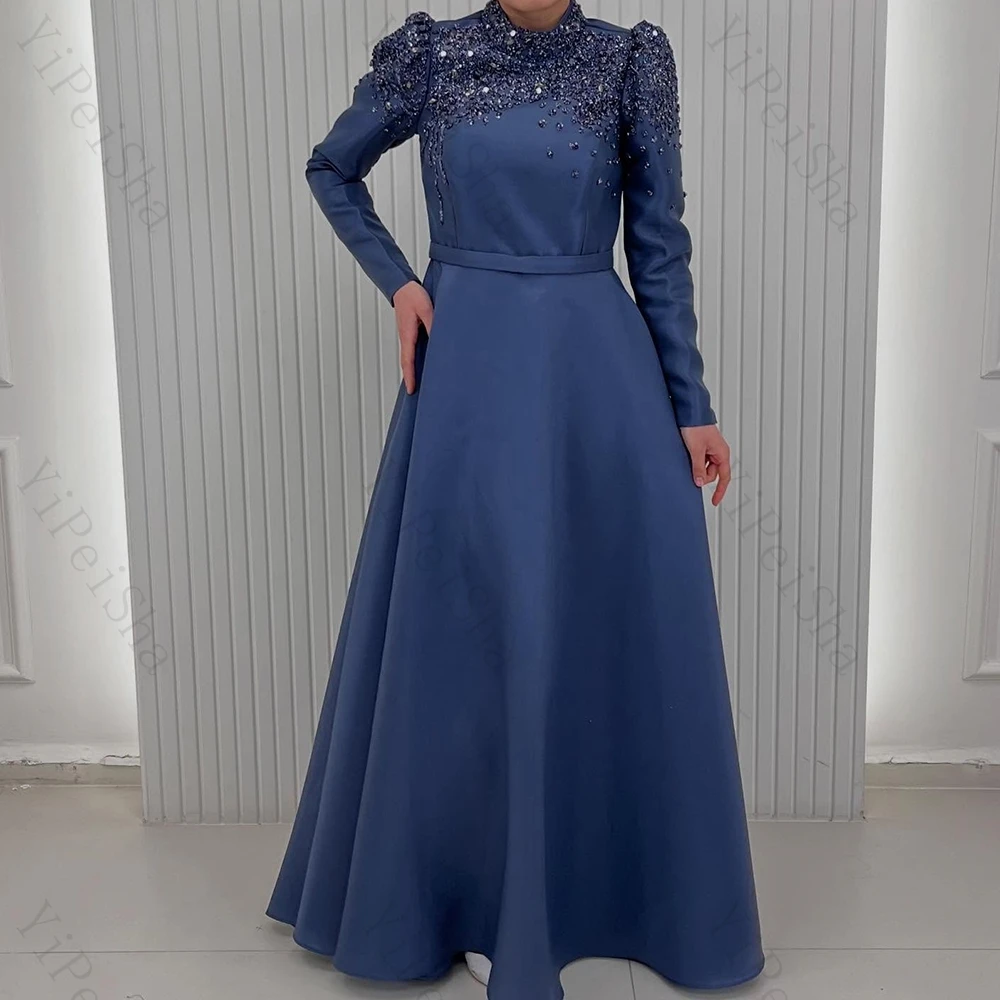 

Customized A-line Evening Dresses Floor-length High-neck Full Sleeve Prom Gown Fashion Crystal Sequined Simple Draped Party Gown