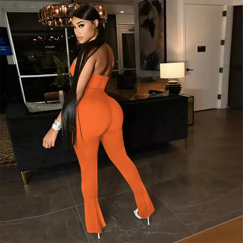 Solid Elegant Slim Flare Jumpsuits Women Sexy Strapless Split Boot Cut Pants Casual Rompers Fashion Clubwear Overalls Streetwear