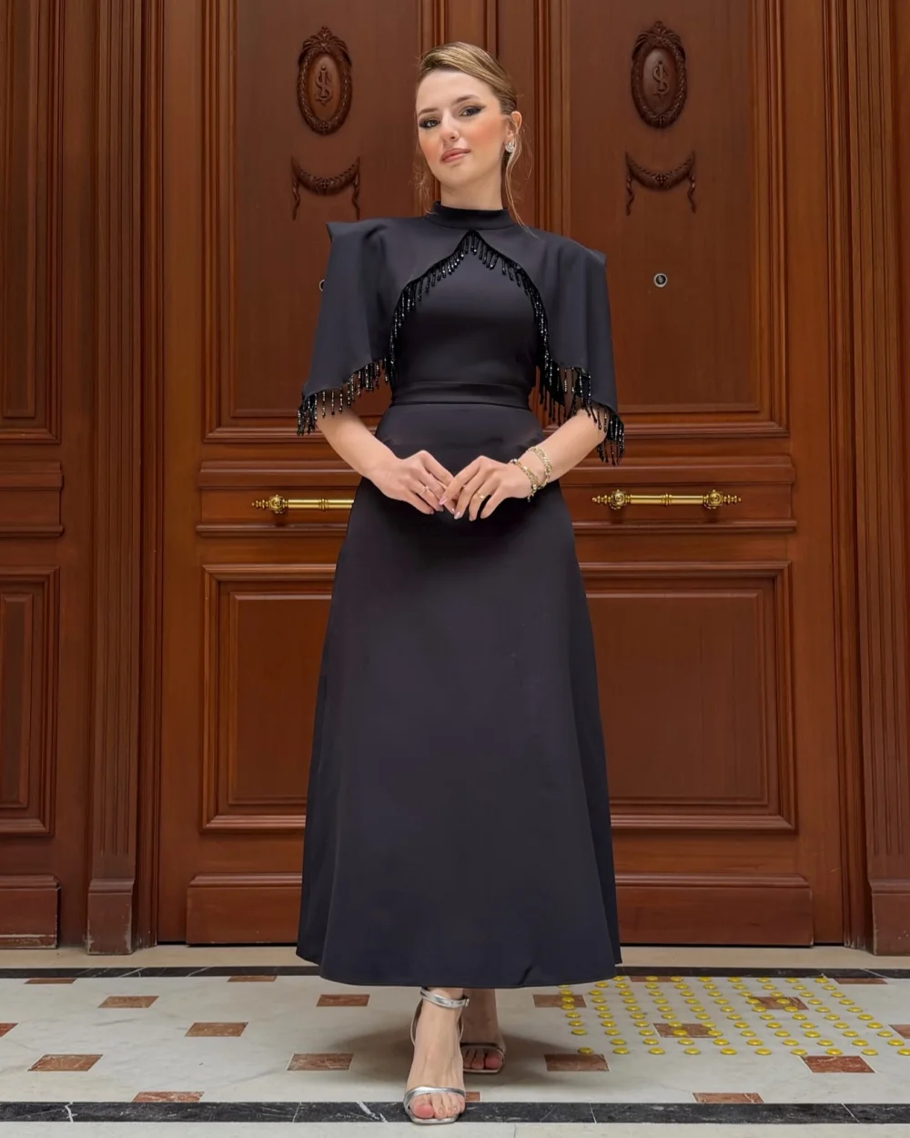 

Customized Formal Fashion Jersey Beading Pleat A-line High Collar Ankle Length Dresses Bespoke Occasion Dresses Modern Style