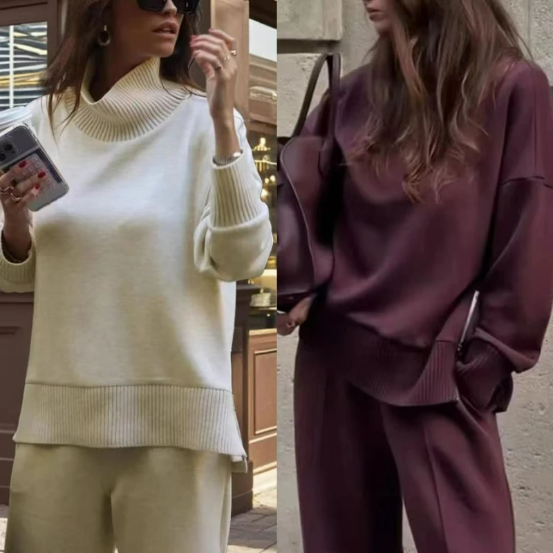 

Вязаный свитер, брюки с прямыми штанинами, комплект из двух предметов, осенний новый однотонный свободный повседневный свитшот с круглым вырезом, костюм для женщин