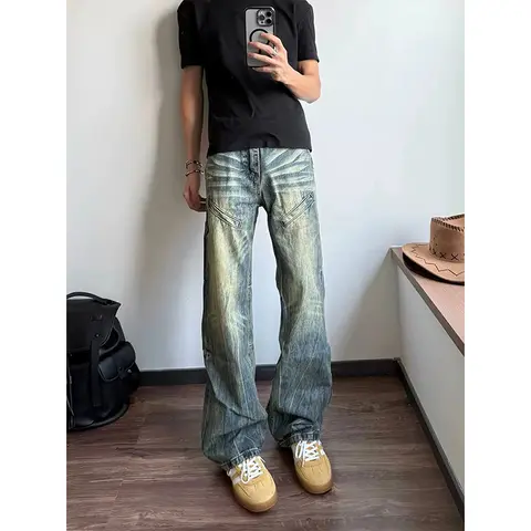Y2K Loose Straight Leg Jeans  Man's Trousers Baggy Wide Fit Casual High Waist Retro Washed Vintage Style  Man's Jeans Jeans