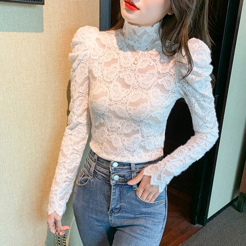 See Through Ladies Lace Tops 2024 Elegant Korean Fashion Clothing Streetwear Blusas Mujer Casual Basic White Balck Blouses y2k