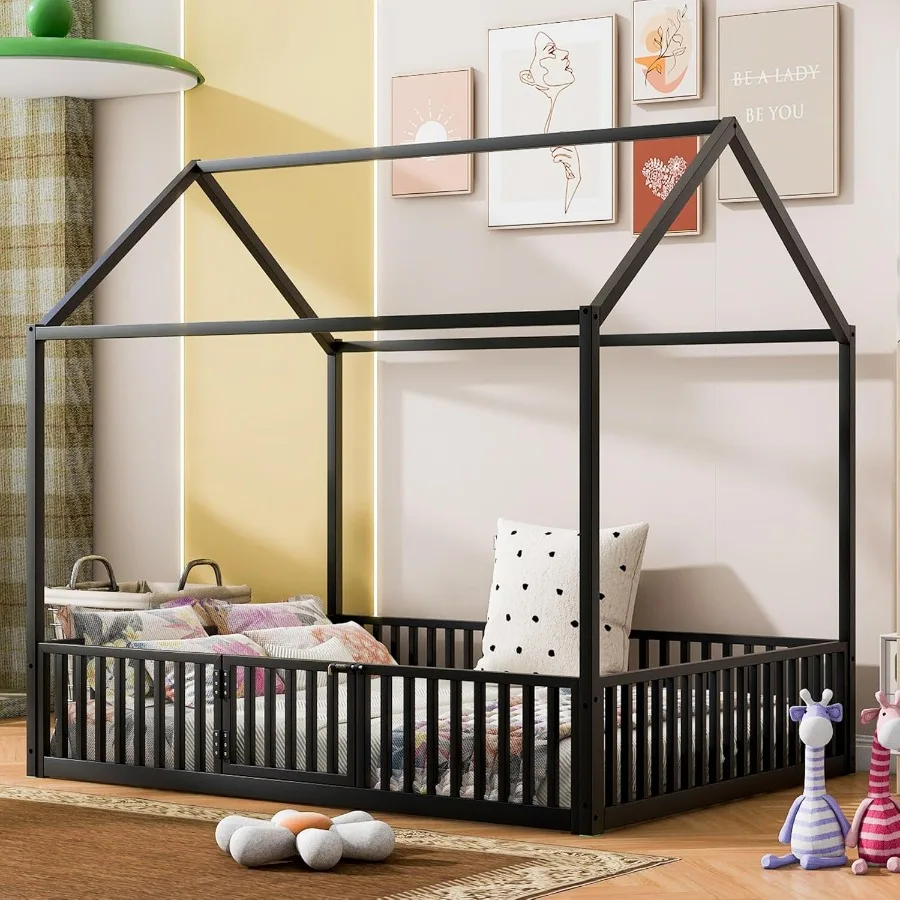 إطار سرير معدني مع سياج وباب سقف سرير مسرح لغرفة النوم أو غرفة اللعب تصميم نمط مونتيسوري الخيالي رقم