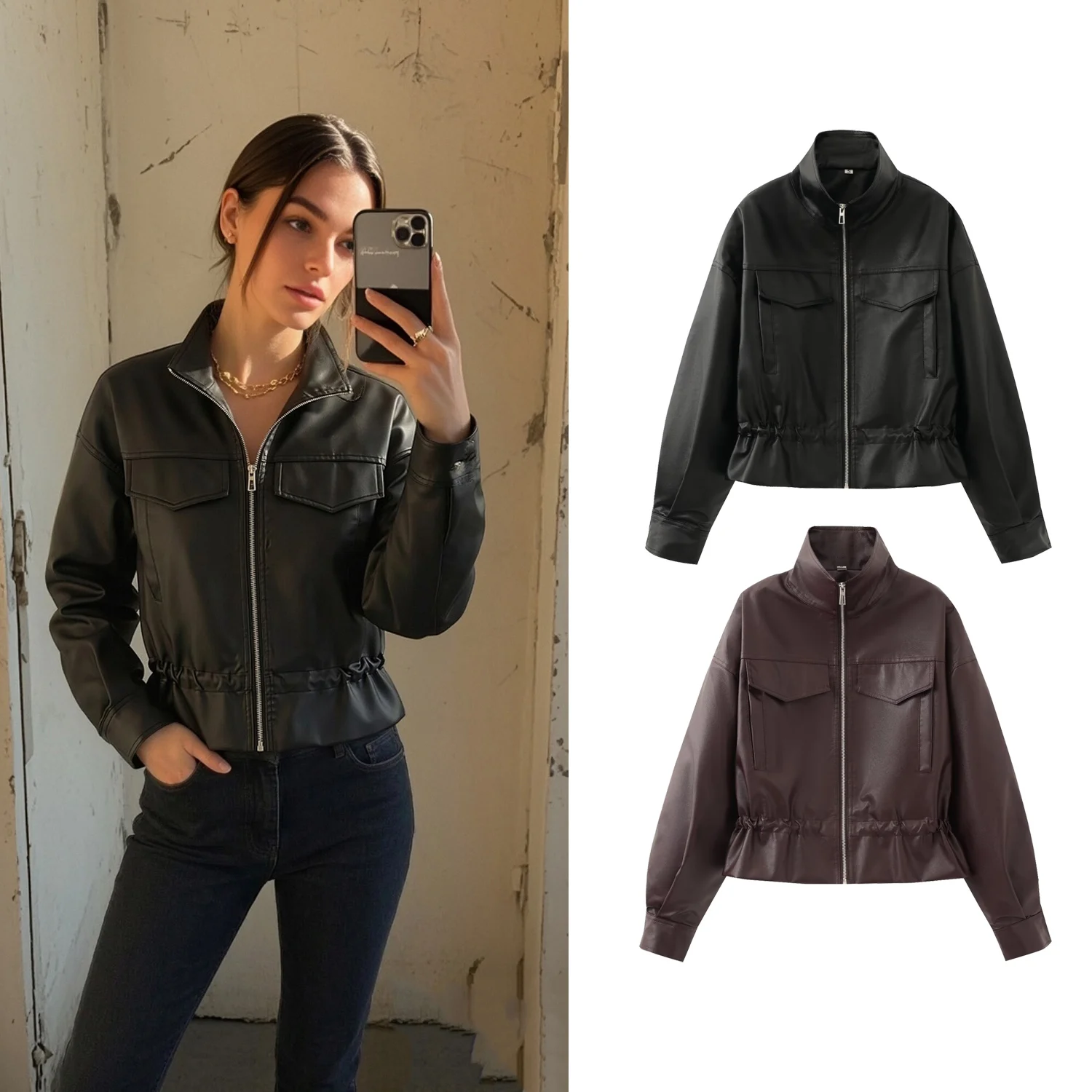 Women PU Leather Cropped Jackets Coat Autumn Winter Female Stand Zipper Elastic Waist Retro Coat Lady Outerwear
