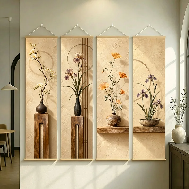 Wall Art Orris Iris and Freesia, Serene Wabi-Sabi Botanical Silver Shimmer Canvas Hanging Scroll for Meditation Room Decor