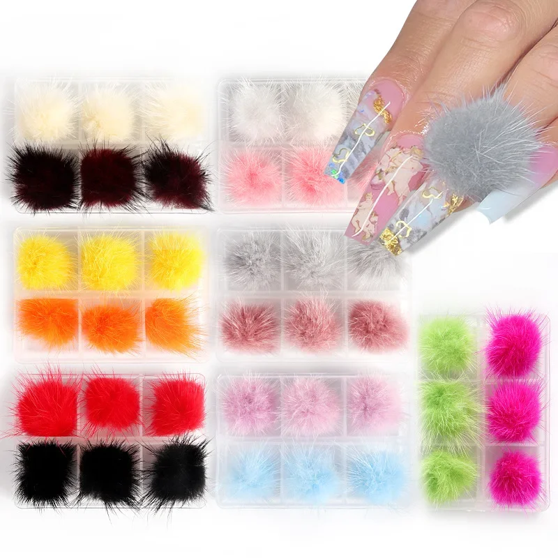 

6 Stks/Doos Pompoms Pluche Hart 3D Nail Art Decor Zachte Hairball Afneembare Magneet Mode-sieraden Manicure Ontwerp Accessoires