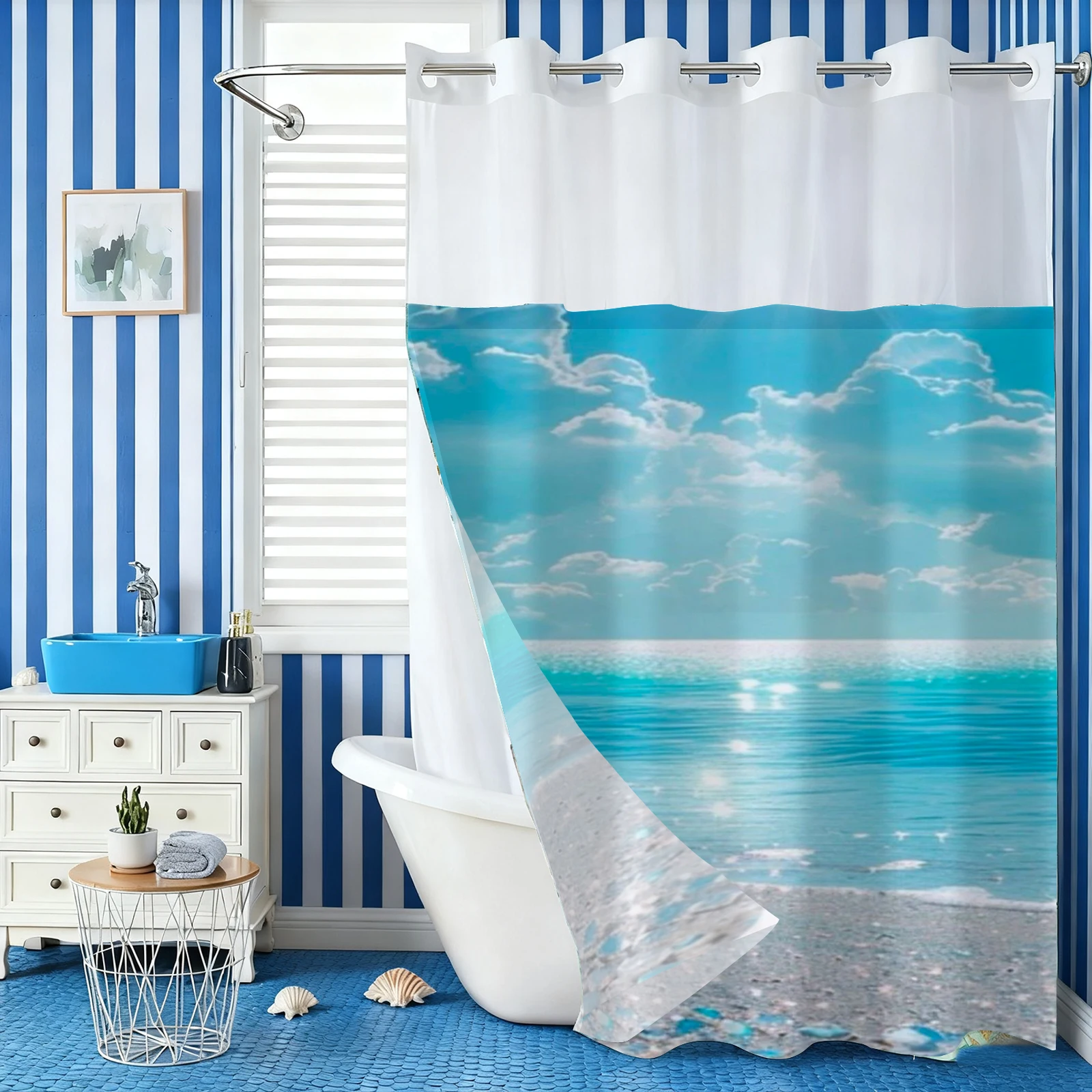 

Душевая шторка без крючков с узором «Пляжные ракушки», со съемной тканевой подкладкой, прозрачным верхним окном, водонепроницаемая, двухслойная, для ванной.