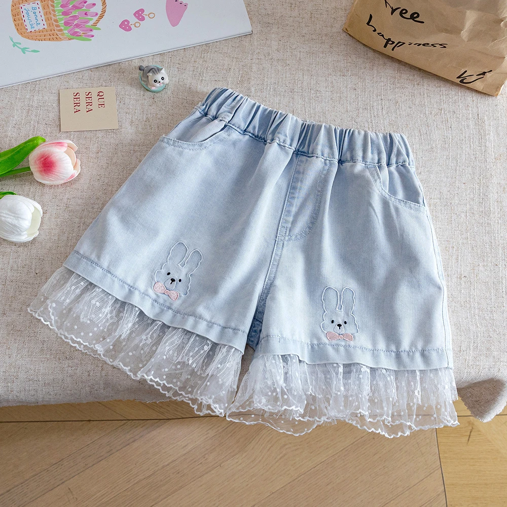 Girls Rabbit Embroidery Denim Shorts 2026 Summer Elastic Waist Lace Trim Casual Shorts for Kids Daily Wear Children Hot Pants