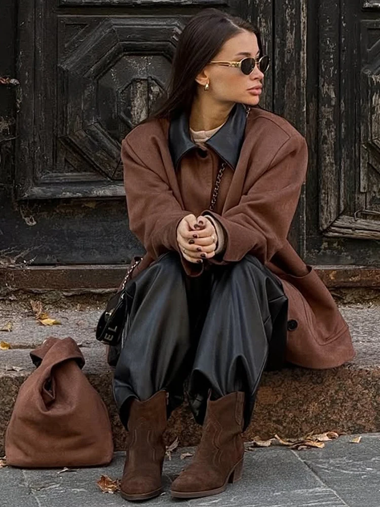 Trendix Vintage Suede Jacket Femme 2025 Autumn Lapel Patchwork Pocket Cardigan Coats Winter Street Retro Loose Commuting Coat