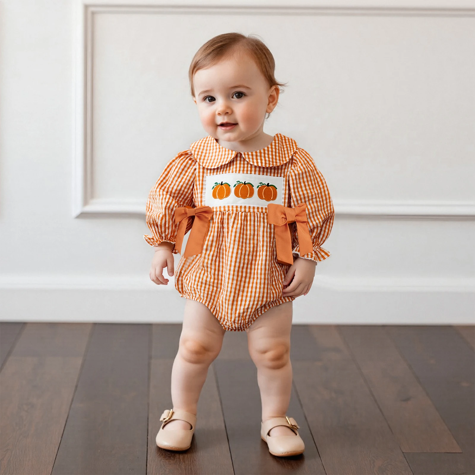 

Baby Girl Halloween Outfit Long Sleeve Pumpkin Smocked Plaid Romper Fall Winter Clothes