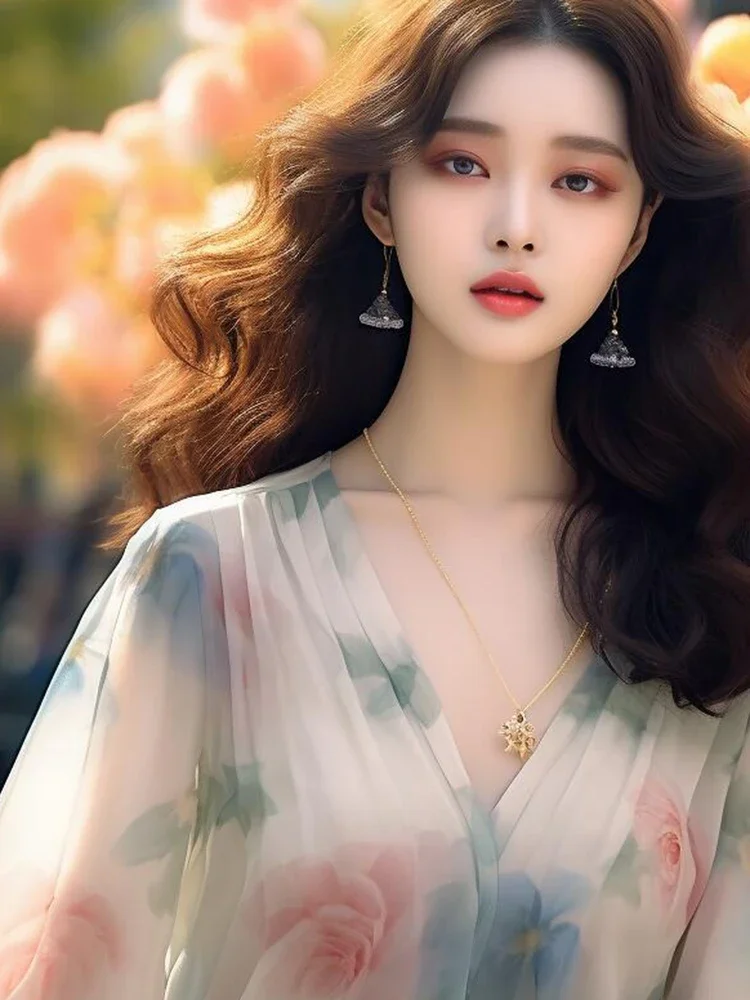 Chiffon Women's Shirt Spring/Summer Vintage Prints Blouses Loose Nine Quarter Women Tops V-necks Fashion Clothing