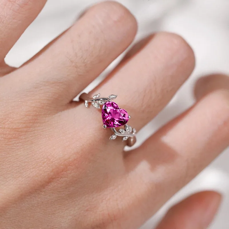 Love Heart Red Ruby Gemstones Diamonds Rings For Women Artistic Ceaves Design Irregular Finge Bands White Gold Silver Jewelry 6