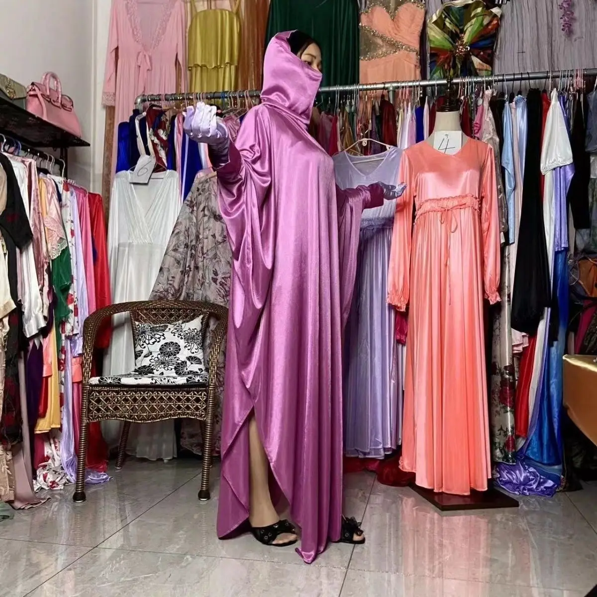 Super Loose Hoodie Mask Glossy Women Satin Batwing Sleeve Long Maxi Dress Plus Size Sleeping Robe