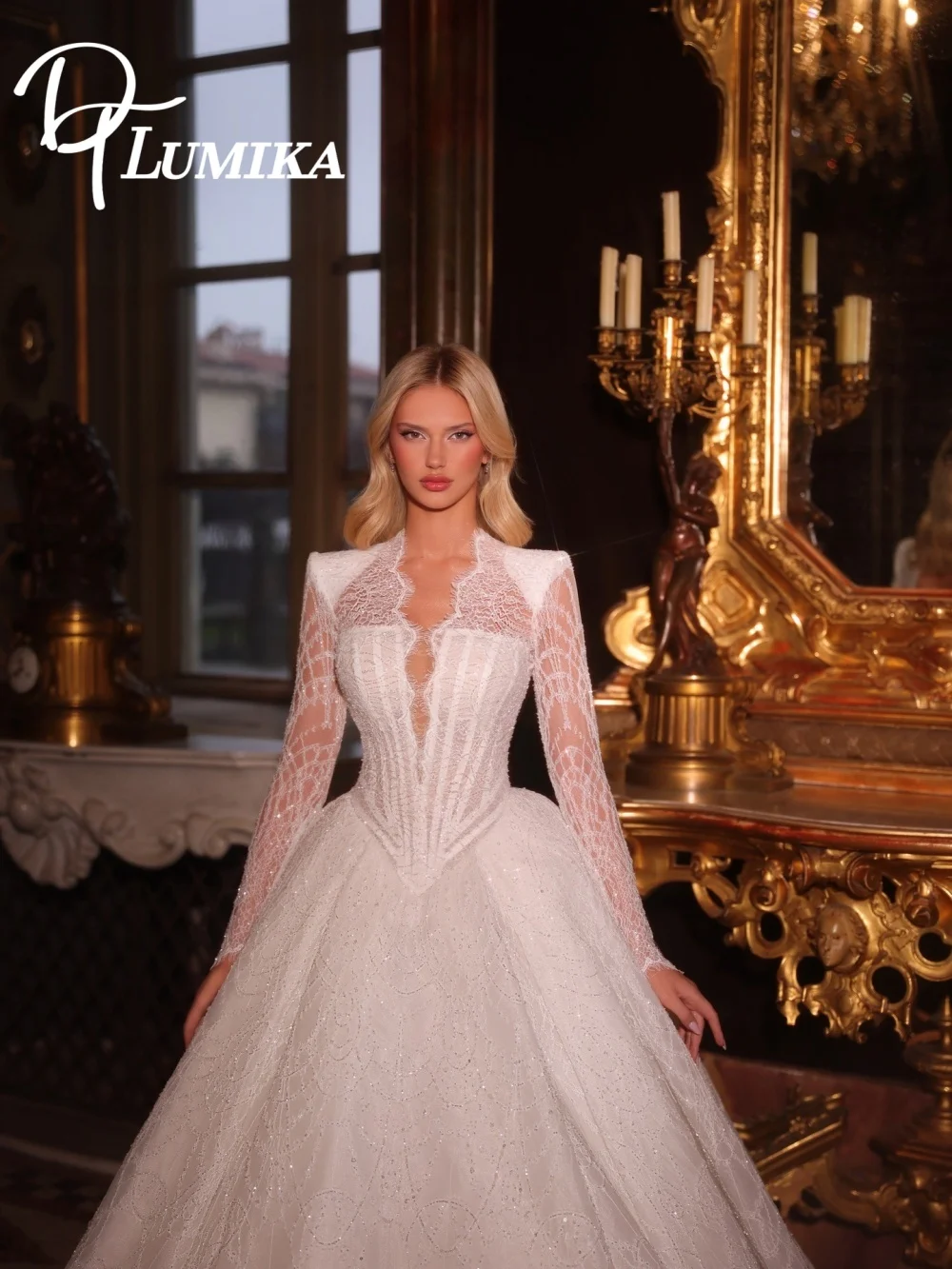 

Романтичное свадебное платье с высоким воротом и кружевом 2026, королевское свадебное платье с длинными рукавами, ослепительное свадебное платье с пайетками, Vestidos De Novia