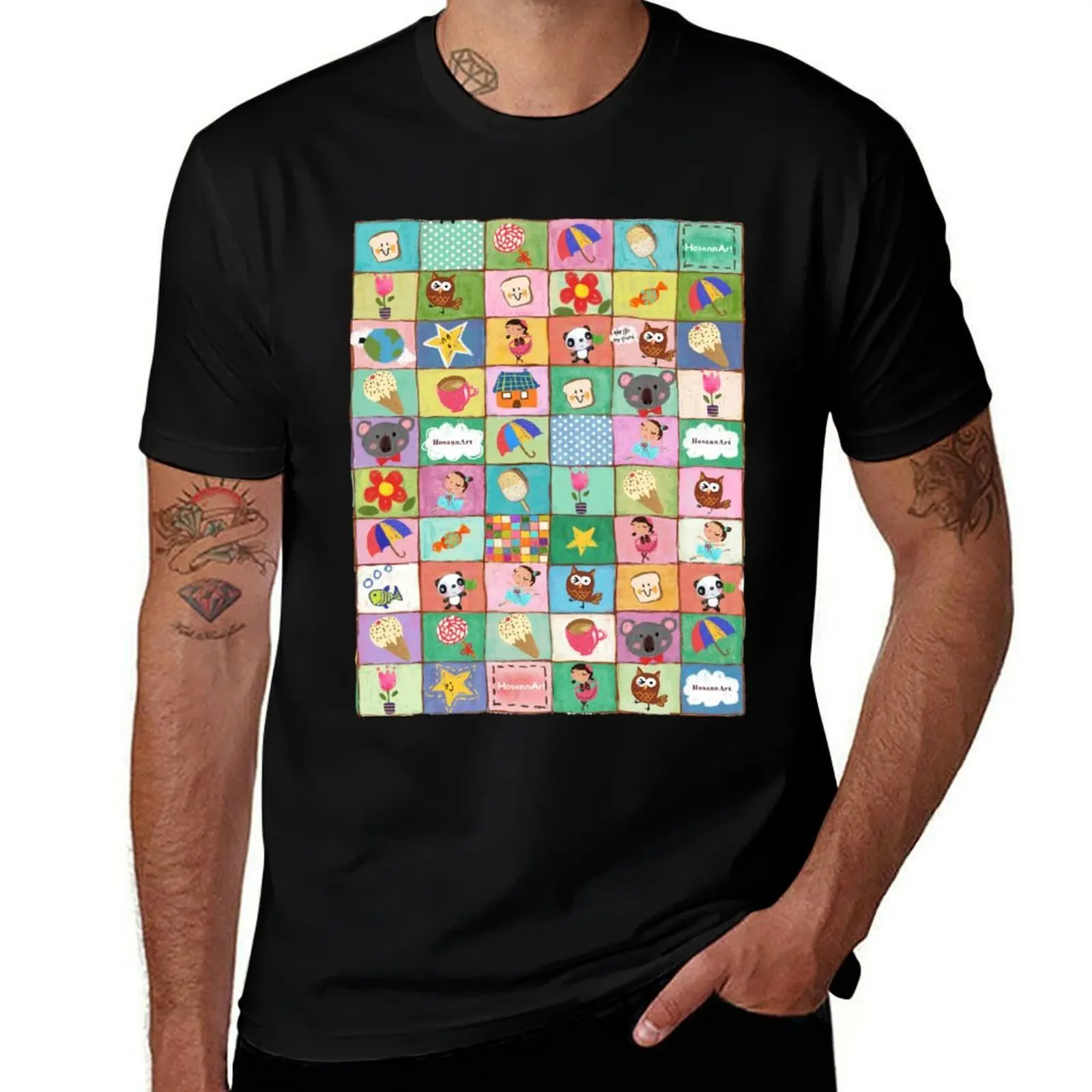 

Checkerboard of Cute Cartoon Characters T-Shirt cute clothes oversized graphic tee summer clothes men workout shirt