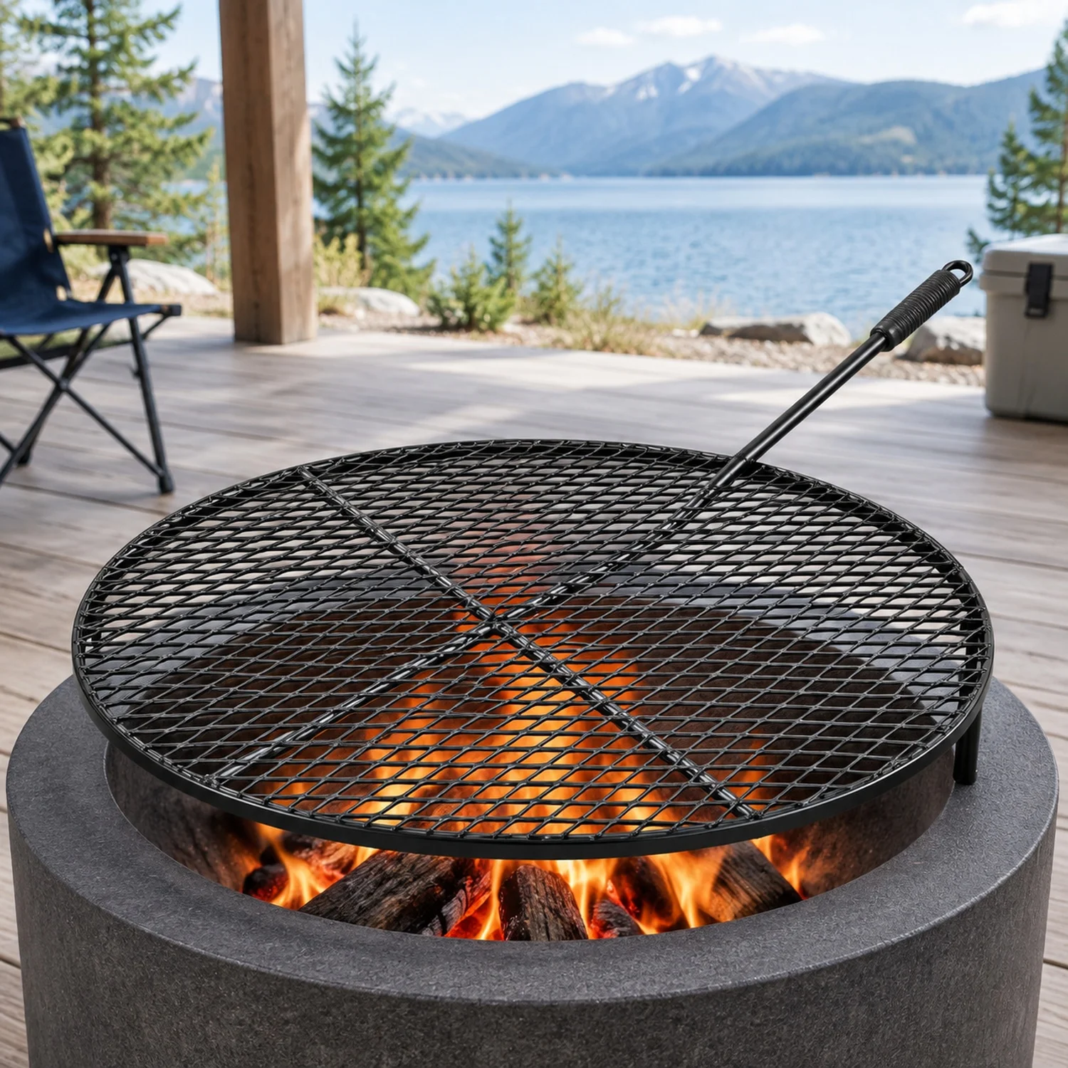 X-Marks Fire Pit Grill Grate, Round Cooking, Heavy Duty Steel Campfire BBQ Grid with Handle and Support Wire, Portable Camping