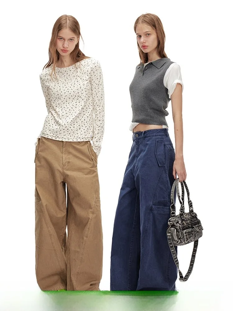 

Женские длинные брюки DNT Retro Washed Color, свободные, повседневные, прямого кроя, из хлопка, с застежкой-молнией на талии